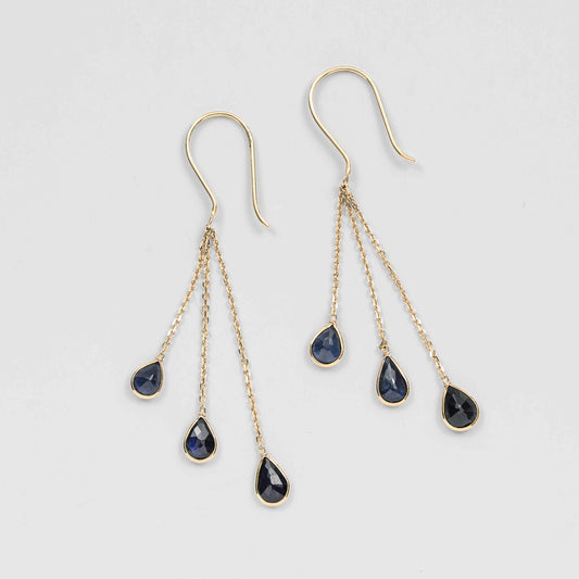 Triple Blue Sapphire chain Pierced Earrings / K18